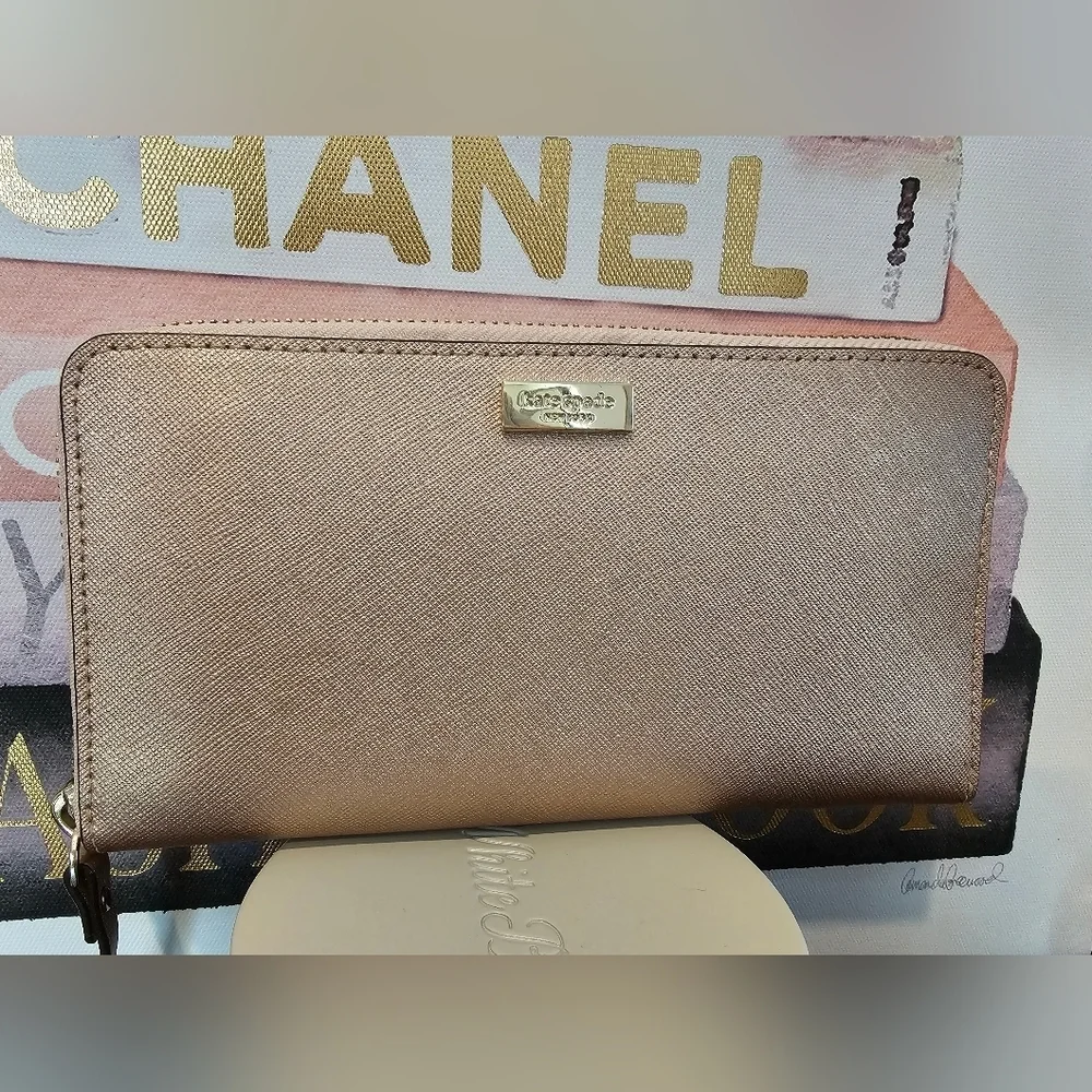 Kate Spade Metallic Rose Gold Zipe Around Wallet